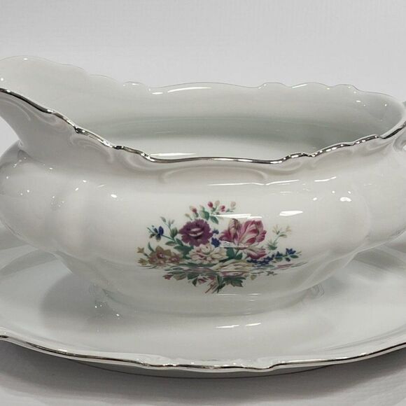 Crown Bavaria Gravy Boat w Attached Underplate Germany Silver Trim Bouquet - Picture 7 of 10